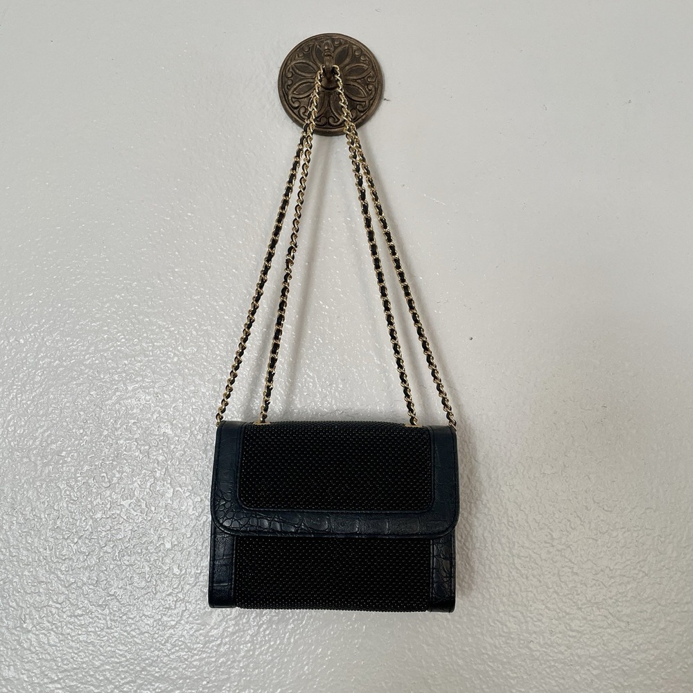 Whiting & Davis Small Black Bead Evening Purse with Chain Strap‎ And Mirror